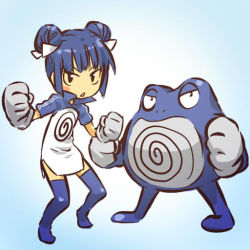 Rule 34 | 1990s (style), 1girl, :&lt;, blue hair, blush stickers, clenched hand, clenched hands, creatures (company), double bun, game freak, gen 1 pokemon, gloves, hair bun, hitec, moemon, nintendo, open mouth, personification, pokemon, pokemon (creature), pokemon rgby, poliwrath, popped collar, retro artstyle, simple background, standing, thighhighs, triangle mouth, zettai ryouiki