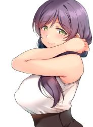 Rule 34 | 1girl, black skirt, blush, breasts, duke (inu daimyou), from side, green eyes, hair over shoulder, hand in own hair, high-waist skirt, large breasts, large nipples, light blush, long hair, love live!, love live! school idol project, nipples, purple hair, shirt, simple background, skirt, sleeveless, sleeveless shirt, smile, solo, tight clothes, tight shirt, tojo nozomi, upper body, white background, white shirt