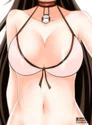 Rule 34 | 1girl, bad id, bad pixiv id, bikini, breasts, brown hair, cleavage, closers, collar, female focus, front-tie top, head out of frame, large breasts, lock, long hair, narynn, navel, simple background, solo, swimsuit, upper body, yuri seo