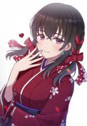 Rule 34 | 1girl, absurdres, blush, braid, commentary request, daysss, earrings, fujiwara hajime, hair ribbon, highres, idolmaster, idolmaster cinderella girls, japanese clothes, jewelry, kimono, long hair, looking at viewer, low twintails, purple eyes, ribbon, ribbon braid, solo, twintails