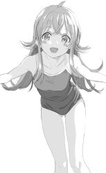 Rule 34 | absurdres, ahoge, blush stickers, breasts, collarbone, commentary request, gluteal fold, greyscale, hair between eyes, highres, idolmaster, idolmaster shiny colors, komiya kaho, long hair, looking at viewer, medium breasts, monochrome, one-piece swimsuit, open mouth, outstretched arms, shinkun (natsume so), smile, solo, spread arms, swimsuit, thighs