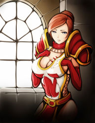 Rule 34 | 1girl, armor, blue eyes, breasts, brown hair, cleavage, crusader (ragnarok online), hand under clothes, highres, indoors, paladin, scarlet (infinity), short hair, solo, tabard, uniform, warcraft, window, world of warcraft
