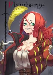 Rule 34 | 1girl, belt, blouse, breasts, bright pupils, brown gloves, brown jacket, cleavage, commentary, english commentary, feathers, flamberge, floating hair, forehead, gloves, green eyes, grey background, hair between eyes, hands up, highres, holding, holding sword, holding weapon, jacket, large breasts, leather, leather gloves, leather jacket, long hair, long sleeves, long sword, looking at viewer, open clothes, open jacket, original, over shoulder, red hair, sharp teeth, shirt, signature, smile, solo, sword, teeth, tostantan, upper body, weapon, weapon over shoulder, white shirt