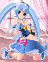 Rule 34 | 10s, 1girl, blue eyes, blue hair, blue skirt, breasts, brooch, covered erect nipples, crown, cure princess, happinesscharge precure!, heart, heart brooch, jewelry, kneeling, long hair, looking at viewer, magical girl, matching hair/eyes, miyanogi jiji, precure, shirayuki hime, skirt, small breasts, solo, twintails
