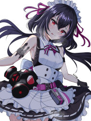Rule 34 | 1girl, :q, armpits, bare shoulders, black gloves, breasts, buckle, clothes lift, counter:side, gas mask, gloves, hair between eyes, highres, lily (counter:side), long hair, looking at viewer, maid, maid headdress, mask, red eyes, sekkno, skirt, skirt lift, small breasts, snap-fit buckle, solo, sweat, tongue, tongue out, white background