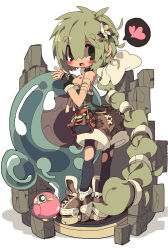 Rule 34 | 1girl, bare shoulders, blush, braid, breasts, cleavage, dango mushi, green eyes, long hair, looking at viewer, looking back, medium breasts, monster, multi-tied hair, pantyhose, ponytail, pouch, ribbon, saga, saga frontier 2, shorts, smile, solo, staff, standing, torn clothes, torn pantyhose, underwear, very long hair, virginia knights, weapon