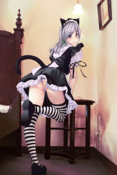 Rule 34 | 1girl, animal ears, asa (xametaler), ass, bed, bow, brown eyes, cat ears, cat tail, electrical outlet, fake animal ears, hair bow, hair ribbon, highres, long hair, looking back, maid, maid headdress, original, panties, ribbon, silver hair, smile, solo, striped clothes, striped panties, striped thighhighs, table, tail, thighhighs, underwear, upskirt
