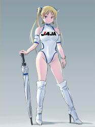 Rule 34 | 1girl, armband, bakuon!!, bell, blonde hair, boots, bracelet, clothing cutout, collared one-piece swimsuit, earrings, expressionless, full body, gradient background, grey eyes, hair bell, hair ornament, high heel boots, high heels, highres, holding, holding umbrella, jewelry, knee boots, leaning on object, long hair, one-piece swimsuit, product placement, sakuma masanori, side cutout, simple background, solo, standing, suzunoki rin, swimsuit, twintails, two-tone swimsuit, umbrella, white background, white footwear, white umbrella