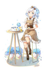 Rule 34 | 1girl, alternate costume, blue eyes, blue hair, blush, boots, breasts, cake, chair, commentary request, food, full body, hair ribbon, highres, juno (warship girls r), plant, plate, pot, ribbon, simple background, sitting, situmey, small breasts, smile, solo, warship girls r, white background