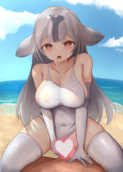 Rule 34 | bare shoulders, beach, blush, breasts, brown eyes, censored, clothed female nude male, clothing aside, cloud, cloudy sky, collarbone, covered navel, cowgirl position, day, elbow gloves, feet out of frame, furrowed brow, girl on top, gloves, grey hair, guided penetration, heart, heart censor, highres, kesha, large breasts, long hair, nipples, nude, ocean, one-piece swimsuit, open mouth, outdoors, sand, school swimsuit, see-through, sex, sideboob, skirt, sky, straddling, sweatdrop, swimsuit, swimsuit aside, thighhighs, thighs, tongue, white gloves, white legwear, white one-piece swimsuit, white school swimsuit