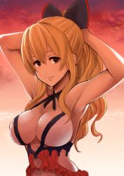 Rule 34 | 10s, 1girl, adjusting hair, armpits, arms behind head, arms up, bad id, bad twitter id, bare arms, bare shoulders, bikini, black bow, blonde hair, bow, breasts, cleavage, cloud, collarbone, covered erect nipples, dusk, female focus, frills, gradient background, granblue fantasy, hair between eyes, hair bow, hair ribbon, highres, large breasts, lips, long hair, looking at viewer, nagashii kouhei, one-piece swimsuit, ponytail, red eyes, revealing clothes, ribbon, sidelocks, sky, smile, solo, star (sky), sunset, swimsuit, twilight, upper body, vira (granblue fantasy), white bikini, white one-piece swimsuit, white ribbon
