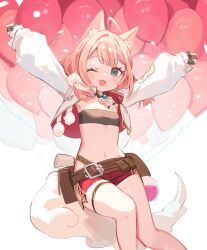 Rule 34 | 1girl, ;d, absurdres, animal ears, balloon, bandeau, belt, black bandeau, blue eyes, breasts, cropped jacket, dog ears, dog girl, dog tail, fangs, gloves, highres, indie virtual youtuber, indo momo, jacket, light brown hair, long sleeves, medium hair, navel, one eye closed, open clothes, open jacket, open mouth, outstretched arms, partially fingerless gloves, pink hair, pouch, puffy long sleeves, puffy sleeves, red shorts, short shorts, shorts, sketch, small breasts, smile, spread arms, stomach, tail, virtual youtuber, white jacket, yu-ri (arium047)
