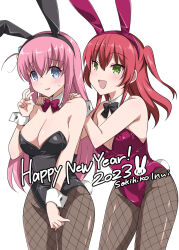 Rule 34 | animal ears, blue eyes, blush, bocchi the rock!, breasts, cleavage, cube hair ornament, detached collar, embarrassed, fishnet pantyhose, fishnets, gotoh hitori, green eyes, hair between eyes, hair ornament, hands on another&#039;s shoulders, happy new year, inui sekihiko, kita ikuyo, leotard, long hair, medium breasts, new year, one side up, pantyhose, playboy bunny, rabbit ears, small breasts, smile, v