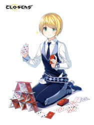 Rule 34 | 1boy, ace (playing card), ace of diamonds, ace of hearts, alternate hair color, belt, blonde hair, blue belt, blue footwear, blue necktie, blue pants, blue vest, bob cut, bow, card, closed mouth, closers, collared shirt, copyright name, croupier, diamond (shape), dress pants, dress shirt, dress shoes, eight of clubs, eight of spades, facing viewer, five of hearts, four of clubs, full body, green eyes, hands up, heart, high heels, highres, holding, holding card, house of cards, king (playing card), king of spades, logo, long sleeves, looking down, male focus, mistilteinn (closers), necktie, nine of diamonds, nine of hearts, nine of spades, official art, on ground, pants, playing card, queen (playing card), queen of diamonds, seiza, shadow, shirt, short hair, sitting, six of hearts, smile, socks, solo, sparkle, sweat, swept bangs, tachi-e, ten of diamonds, three of diamonds, three of spades, vest, waistcoat, white background, white bow, white shirt, white socks, wrist bow
