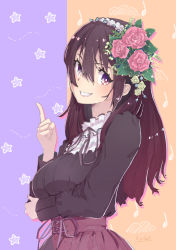 Rule 34 | 1girl, :d, black ribbon, black shirt, blush, breasts, bright pupils, brown hair, crochet, flower, frilled hairband, frilled shirt collar, frills, from side, gradient hair, grin, hair between eyes, hair ornament, hairband, highres, index finger raised, kagawa yuusaku, leaf hair ornament, long hair, long sleeves, looking at viewer, looking to the side, medium breasts, multicolored hair, musical note, neck ribbon, open mouth, original, pink flower, pink rose, purple eyes, purple hair, purple skirt, ribbon, rose, shirt, signature, skirt, smile, solo, star (symbol), starry background, tareme, teeth, two-tone background, upper body