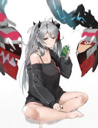 Rule 34 | 1girl, absurdres, adapted costume, ahoge, alternate costume, asymmetrical bangs, azur lane, bare legs, barefoot, black nails, black sweater, breasts, can, casual, cleavage, closed mouth, commentary, crossed legs, drink, full body, hair between eyes, hair ribbon, highres, holding, holding can, indian style, long hair, looking at viewer, medium breasts, mole, mole on breast, multicolored hair, nail polish, no pants, off shoulder, parted bangs, prinz eugen (azur lane), red eyes, red hair, ribbon, rigging, silver hair, simple background, sitting, smile, solo, streaked hair, sweater, thighs, two-tone hair, two side up, white background, yakihoko