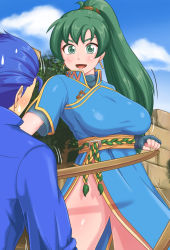 Rule 34 | 0.05, 1boy, 1girl, blue hair, breasts, fire emblem, fire emblem: the blazing blade, green hair, hector (fire emblem), highres, instant loss, large breasts, lyn (fire emblem), nintendo, pelvic curtain, ponytail, sequential, sequential set, sweatdrop, sword, weapon, wooden sword