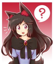 Rule 34 | 1girl, :d, ?, alternate color, alternate hair color, animal ears, black hair, brooch, fang, imaizumi kagerou, jewelry, open mouth, player 2, red eyes, shirt, smile, solo, spoken question mark, tail, touhou, upper body, wolf ears, wolf tail, wool (miwol)