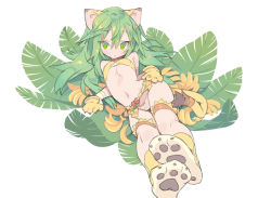 Rule 34 | 1girl, animal ears, animal hands, animal print, arm at side, arm support, bandeau, bare shoulders, blade (galaxist), bow, bow panties, breasts, cham cham, collarbone, commentary request, gloves, green eyes, green hair, hair between eyes, hand on own hip, leaf, long hair, looking at viewer, lying, midriff, navel, panties, parted lips, paw gloves, paw shoes, plant, samurai spirits, shoes, simple background, small breasts, snk, solo, stomach, tail, thigh strap, tiger ears, tiger girl, tiger print, tiger tail, underwear, white background, white panties