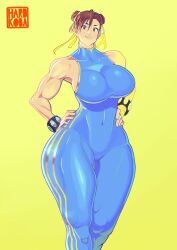 Rule 34 | 1girl, bodysuit, bracelet, breasts, brown eyes, brown hair, capcom, chun-li, hands on own hips, hardkoba, highres, jewelry, large breasts, muscular, muscular female, muscular legs, smile, street fighter, thick thighs, thighs