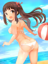 Rule 34 | 1girl, ass, ball, beach, bikini, blue sky, bow, breasts, brown eyes, brown hair, butt crack, from behind, hair bow, highres, long hair, looking at viewer, medium breasts, nomio, ocean, open mouth, original, outdoors, red bow, sideboob, sky, solo, standing, swimsuit, teeth, twintails, upper teeth only, white bikini