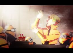 Rule 34 | 1boy, bad id, bad twitter id, blonde hair, cake, character name, crossover, despicable me, dio brando, fangs, fingernails, food, goggles, gradient background, jojo no kimyou na bouken, letterboxed, light, long fingernails, minion (despicable me), minions, minions (movie), noriuma, parody