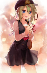 Rule 34 | 1girl, adapted costume, alternate costume, arm ribbon, bag, black dress, blue eyes, check commentary, collarbone, commentary request, dress, efe, green hair, hat, hat ribbon, interlocked fingers, long sleeves, open mouth, ribbon, shiki eiki, shirt, shoulder bag, smile, solo, touhou