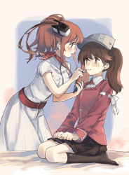 Rule 34 | 2girls, applying makeup, belt, black skirt, black socks, blue eyes, blush, breast pocket, breasts, brown eyes, brown hair, closed mouth, commission, cosmetics, dress, from side, hair between eyes, hair ornament, hands on lap, highres, holding, holding lipstick tube, japanese clothes, kantai collection, kariginu, kneehighs, large breasts, lipstick, lipstick tube, long sleeves, makeup, multiple girls, neckerchief, open mouth, pleated skirt, pocket, ponytail, red belt, lipstick tube, red neckerchief, ryuujou (kancolle), saratoga (kancolle), seiza, shirt, short sleeves, side ponytail, sidelocks, sitting, skirt, smile, smokestack, socks, twintails, visor cap, white dress, white shirt, yorktown cv-5
