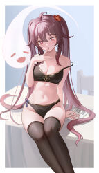 Rule 34 | 1girl, absurdres, ahoge, alternate costume, arm support, bare shoulders, bikini, black bikini, black thighhighs, boo tao (genshin impact), border, breasts, brown hair, cleavage, colored tips, feet out of frame, finger in own mouth, flower, flower-shaped pupils, genshin impact, gold trim, gradient hair, hair between eyes, hair flaps, hair flower, hair ornament, highres, hu tao (genshin impact), long hair, medium breasts, multicolored hair, navel, open mouth, outside border, red eyes, sitting, solo, stomach, strap slip, swimsuit, symbol-shaped pupils, thighhighs, thighs, ttkaki, twintails, very long hair, white border