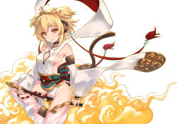 Rule 34 | 1girl, alphy, andira (granblue fantasy), animal ears, bare shoulders, blonde hair, breasts, cameltoe, cleavage, cleavage cutout, clothing cutout, cloud, commentary request, cowboy shot, detached leggings, detached sleeves, erune, flying nimbus, granblue fantasy, hagoromo, leg up, monkey ears, monkey tail, orange eyes, see-through, shawl, short hair, sideboob, simple background, small breasts, solo, staff, tail, white background, wide sleeves