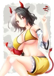 Rule 34 | 1girl, animal ears, bare shoulders, black hair, breasts, commentary request, cow ears, cow girl, cow horns, cow tail, detached sleeves, highres, horns, index finger raised, large breasts, looking at viewer, multicolored hair, navel, osashin (osada), red eyes, red horns, short hair, shorts, smile, solo, split-color hair, stomach, tail, touhou, two-tone hair, ushizaki urumi, white hair, wide sleeves, yellow shorts
