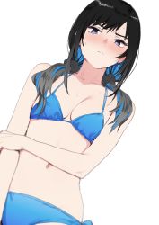 Rule 34 | 1girl, arm across waist, arm at side, bikini, black hair, black scrunchie, blue bikini, blue eyes, blue hair, blush, breasts, closed mouth, commentary request, cowboy shot, dutch angle, ear blush, eyebrows hidden by hair, from below, frown, goshiki suzu, grabbing own arm, hair over shoulder, highres, looking at viewer, looking down, multicolored hair, navel, original, over shoulder, scrunchie, short twintails, simple background, small breasts, solo, swimsuit, twintails, white background