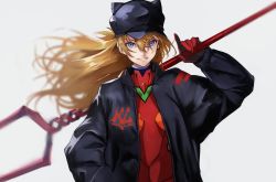 Rule 34 | 1girl, absurdres, bident, black headwear, black jacket, blue eyes, bodysuit, breasts, brown hair, commentary, evangelion: 3.0 you can (not) redo, hair between eyes, hair ornament, highres, holding, holding polearm, holding weapon, jacket, lance of longinus (evangelion), long hair, looking at viewer, neon genesis evangelion, orange hair, plugsuit, polearm, rebuild of evangelion, smile, solo, souryuu asuka langley, spear, teeth, upper body, weapon, yoshio (55level)