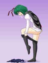 Rule 34 | 1girl, antennae, black pantyhose, blush, cape, clothes pull, crotch seam, dressing, female focus, green eyes, green hair, heavy breathing, matching hair/eyes, no panties, panties, pantyhose, pantyhose pull, short hair, solo, supon, touhou, underwear, undressing, wriggle nightbug