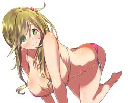 Rule 34 | 1girl, all fours, ass, bare shoulders, barefoot, bikini, blush, breasts, brown hair, butt crack, cleavage, collarbone, covered erect nipples, eyes visible through hair, fang, green eyes, hair bobbles, hair ornament, huge breasts, inuyama aoi, long hair, looking at viewer, micro bikini, pink bikini, ribs, ricochet-gou, side-tie bikini bottom, side ponytail, simple background, skin fang, skindentation, smile, solo, sweat, swimsuit, thick eyebrows, yurucamp