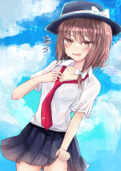 Rule 34 | 1girl, absurdres, black hat, black skirt, blue sky, blush, bow, brown eyes, brown hair, cloud, cloudy sky, commentary request, hair bow, hat, hat bow, highres, looking at viewer, necktie, open mouth, outdoors, red necktie, see-through, shirt, short hair, short sleeves, skirt, sky, solo, sweat, teruteruyohou, touhou, translation request, usami renko, white bow, white shirt