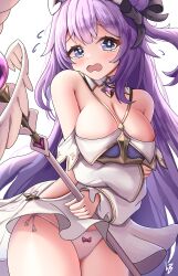Rule 34 | 1girl, absurdres, azur lane, bare shoulders, black bow, blush, bow, bow panties, breasts, cleavage, cross, dress, embarrassed, flying sweatdrops, hair bow, highres, holding, holding staff, large breasts, long hair, loob, looking at viewer, official alternate costume, one side up, panties, parted lips, purple eyes, purple hair, side-tie panties, signature, simple background, solo, staff, underwear, unicorn (azur lane), unicorn (snow white guardian angel) (azur lane), very long hair, white background, white dress, white panties