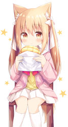 Rule 34 | 1girl, absurdres, animal ear fluff, animal ears, blush, bow, bread, brown eyes, closed mouth, commentary request, food, hair between eyes, hair bow, hands up, highres, holding, holding food, jacket, kneehighs, light brown hair, long hair, long sleeves, looking at viewer, melon bread, miike-chan, nakkar, open clothes, open jacket, original, pink jacket, pleated skirt, red bow, sailor collar, shirt, simple background, skirt, sleeves past wrists, socks, solo, star (symbol), starry background, tail, twintails, very long hair, white background, white bow, white sailor collar, white skirt, white socks, yellow shirt