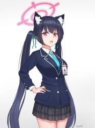 Rule 34 | 1girl, animal ear fluff, animal ears, black hair, black jacket, black skirt, blue archive, blue necktie, cat ears, collared shirt, cowboy shot, durian12, extra ears, halo, highres, jacket, long hair, long sleeves, looking at viewer, necktie, open mouth, pink halo, plaid, plaid skirt, pleated skirt, red eyes, serika (blue archive), shirt, signature, simple background, skirt, solo, twintails, white background, white shirt
