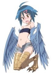 Rule 34 | 1girl, absurdres, ahoge, bandeau, blue hair, blue wings, cosplay, cutoffs, denim, denim shorts, feathered wings, flat chest, full body, groin, hair ornament, hairclip, harpy, highres, konno aoi, look-alike, midiman, midriff, monster girl, monster musume no iru nichijou, navel, open fly, open mouth, papi (monster musume), scales, season connection, short shorts, shorts, solo, sore ga seiyuu!, strapless, trait connection, transparent background, tube top, unbuttoned, unzipped, winged arms, wings