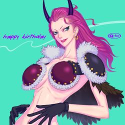 Rule 34 | 1girl, artist request, black gloves, black horns, blue eyes, breasts, cleavage, cowboy shot, earrings, fur trim, ginrummy, gloves, green background, happy birthday, head tilt, hoop earrings, horns, jewelry, large breasts, lipstick, long hair, looking at viewer, makeup, one piece, purple hair, q-bit, red lips, revealing clothes, shiny skin, simple background, smile, solo