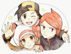 1girl 2boys asuka_rkgk backwards_hat blush bow brown_eyes brown_hair closed_mouth cowlick creatures_(company) ethan_(pokemon) game_freak hat hat_bow jacket long_hair long_sleeves looking_at_viewer lyra_(pokemon) multiple_boys nintendo pokemon pokemon_hgss silver_(pokemon) smile star_(symbol) sweatdrop twintails white_hat