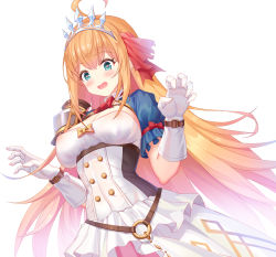 Rule 34 | 1girl, aaeru, ahoge, aqua eyes, breasts, cleavage, commentary request, dress, gloves, hair ribbon, heart, heart-shaped pupils, highres, long hair, looking at viewer, medium breasts, open mouth, orange hair, pecorine (princess connect!), princess connect!, red ribbon, ribbon, simple background, solo, symbol-shaped pupils, tiara, white background, white dress, white gloves