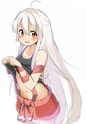 Rule 34 | 10s, 1girl, arm ribbon, belly, black shirt, blurry, blush, brown eyes, chiya (urara meirochou), clothes lift, collarbone, commentary request, depth of field, fang, groin, highres, lifted by self, long hair, looking at viewer, navel, open mouth, red skirt, ribbon, sash, sekira ame, shirt, shirt lift, silver hair, simple background, skirt, solo, tank top, tearing up, urara meirochou, white background