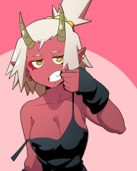 Rule 34 | 1girl, aqua nails, black camisole, camisole, colored skin, commentary, earrings, english commentary, hand up, horns, jewelry, meisha (scott malin), nail polish, original, parted lips, pink background, pointy ears, red skin, scott malin, solo, strap slip, upper body, white hair, yellow eyes