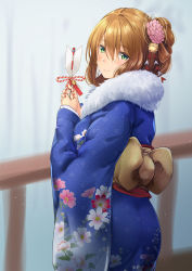 Rule 34 | 1girl, arrow (projectile), bell, bit (keikou syrup), blue kimono, blurry, blush, breasts, brown hair, closed mouth, cowboy shot, enpera, floral print, flower, fur, furisode, girls&#039; frontline, green eyes, hair bell, hair between eyes, hair flower, hair ornament, hair rings, hamaya, highres, holding, japanese clothes, jingle bell, kanzashi, kimono, large breasts, long hair, long sleeves, looking at viewer, new year, obi, one side up, sash, scarf, shippou (pattern), smile, solo, springfield (girls&#039; frontline), striped, unmoving pattern