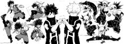 Rule 34 | 2boys, absurdres, bakugou katsuki, boku no hero academia, boots, clenched hand, clenched teeth, fist bump, freckles, gloves, greyscale, gym uniform, high collar, high kick, highres, kicking, looking at another, male focus, midoriya izuku, monochrome, multiple boys, outstretched arm, scar, simple background, sleeveless, split, superhero costume, teeth, u.a. gym uniform, uniform, white background, yazaki (yazakc)