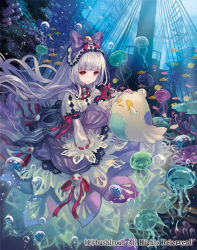 Rule 34 | 10s, 1girl, bow, bubble, cardfight!! vanguard, company name, dress, full body, ghost, good luck charm banshee, hairband, jellyfish, long hair, official art, open mouth, red eyes, solo, terai (teraimorimori), underwater, very long hair, white hair