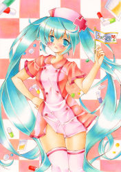Rule 34 | 1girl, blue eyes, blue hair, blush, checkered background, chinako, hat, hatsune miku, holding, koiiro byoutou (vocaloid), long hair, marker (medium), matching hair/eyes, nurse, nurse cap, open mouth, pill, solo, thighhighs, thighs, traditional media, twintails, very long hair, vocaloid