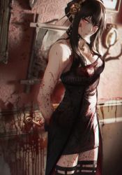 Rule 34 | 1girl, arms behind back, bare shoulders, black dress, black hair, blood, blood on arm, blood on clothes, blood on face, blood on leg, blood on wall, breasts, cleavage, dagger, dress, earrings, flower, gold earrings, gold hairband, hairband, highres, holding, holding dagger, holding knife, holding weapon, jewelry, knife, large breasts, necklace, red eyes, rose, sidelocks, solo, spy x family, spykeee, thighhighs, weapon, yor briar